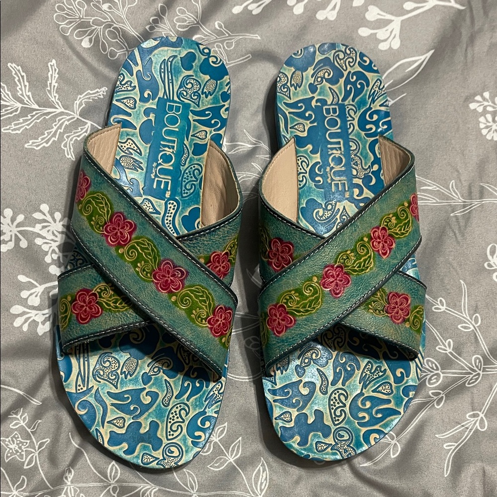Women's Blue Cross-Strap Slide Sandals with Pink Floral Embroidery